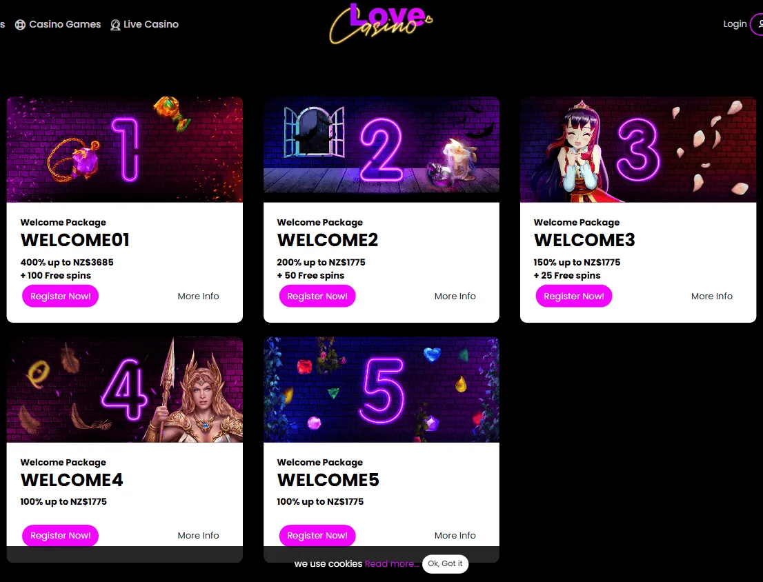 Love Casino five-deposit promotion on desktop