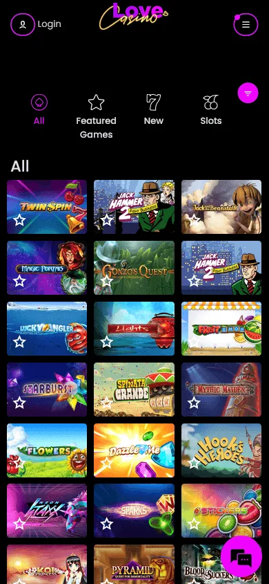 Love Casino mobile game library with search and filters