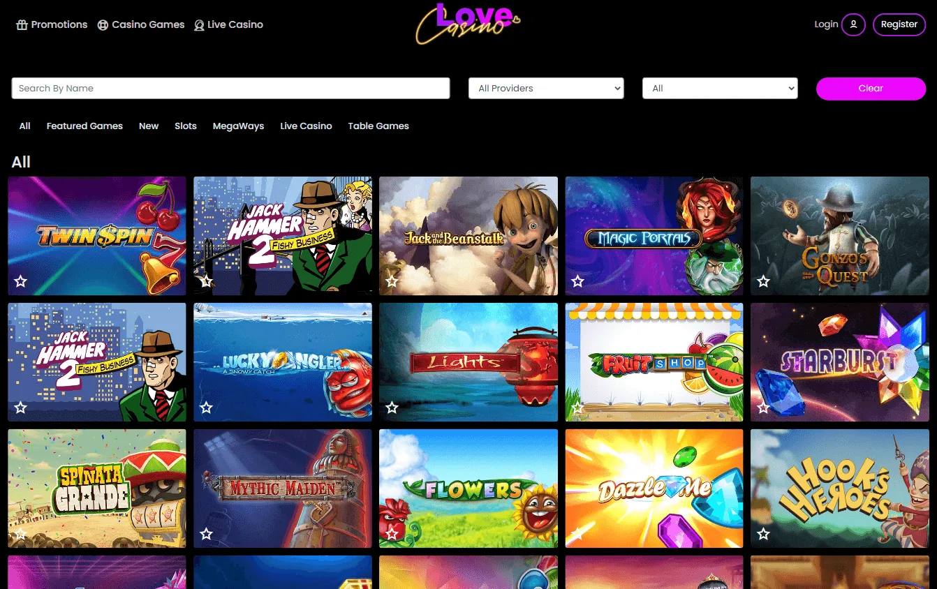 Love Casino game selection on desktop